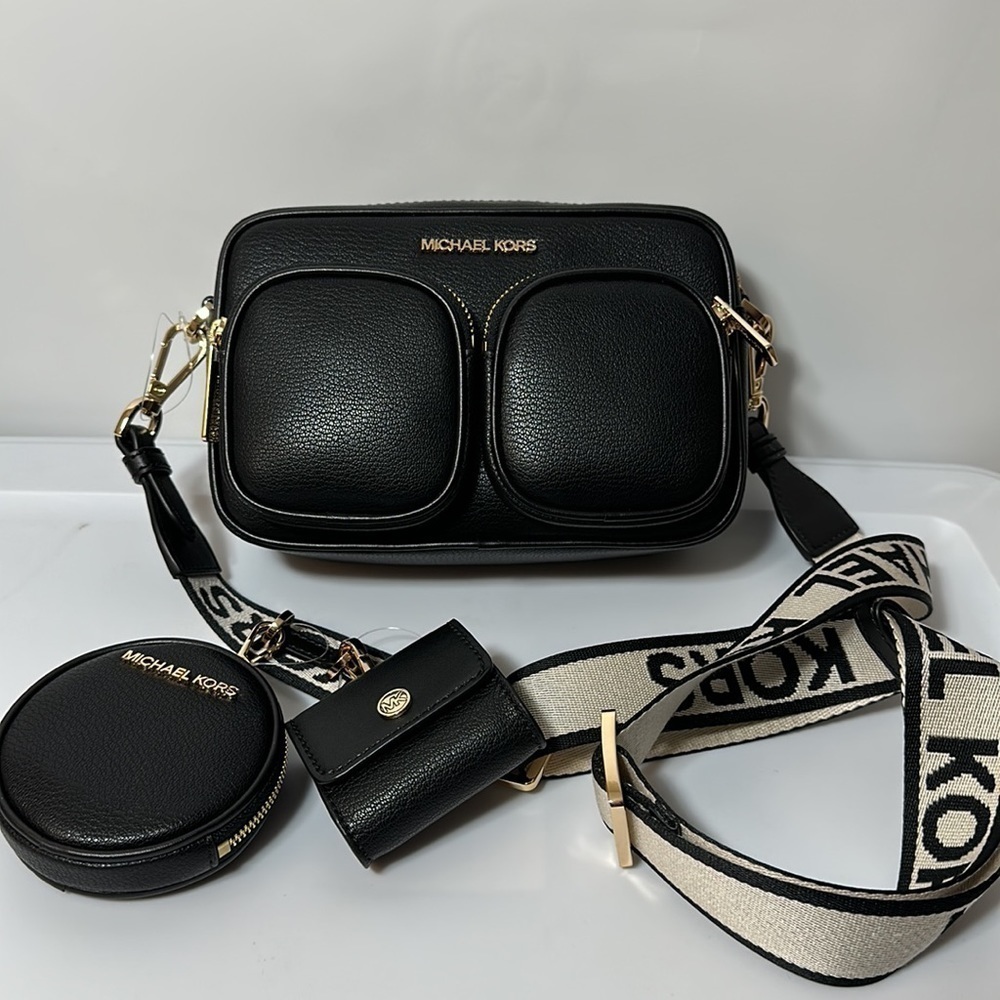 Michael Kors leather Jet Set travel crossbody black tech pocket pouches AirPods - Picture 8 of 12